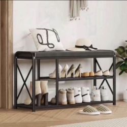 Entryway Bench,3 Tier Shoe Bench with Padded Seat & Metal Frame,35.4”Shoe Storage Bench Shoe Organiz