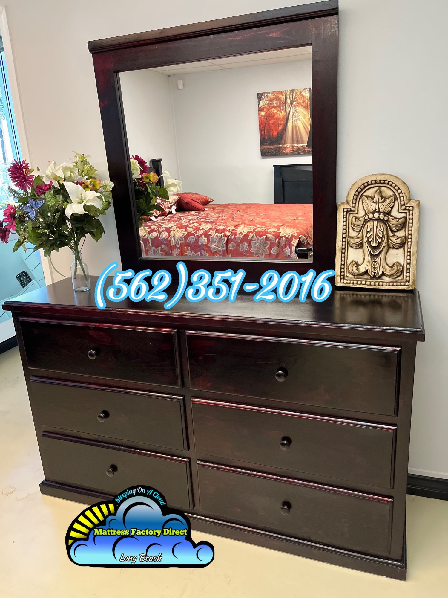 Cherry Six Drawer Pinewood Cajonera Comoda With Mirror New