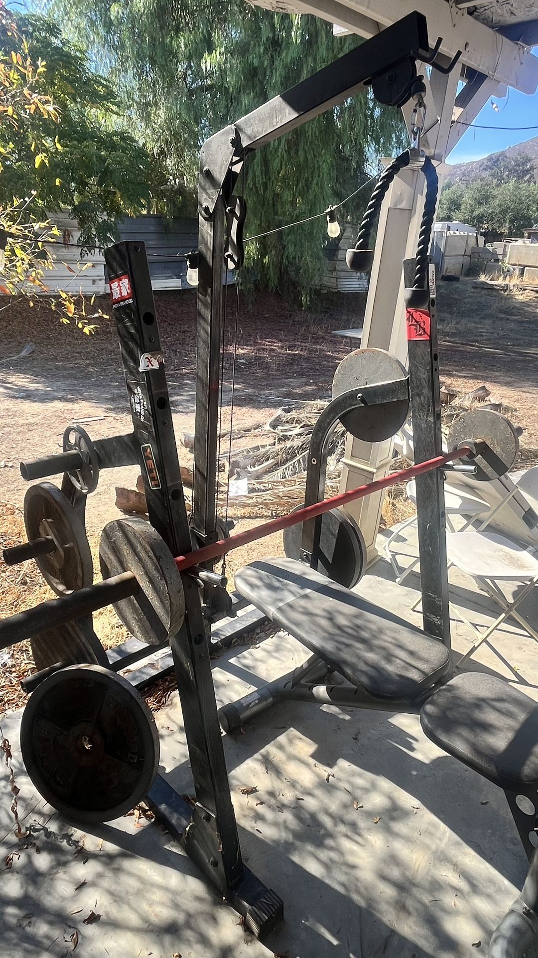 NEED GONE ASAP Weight Bench Set w/ Bar, Cable System & 330 lbs Of Iron Plates