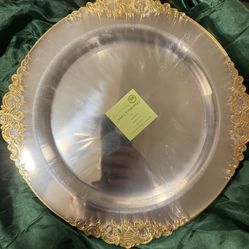 20-Pack Disposible Plastic Charger Plates 13" Round Clear with Gold Embossed Baroque Rim