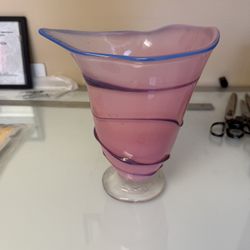 Handblown Glass Vase with Blue Rim