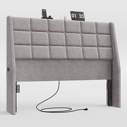 Ergonomic Headboard Full Size with Charging Station, Light Grey Linen Wingback Headboards Full with 2 Storage Pockets, Upholstered Headboard Only, 2 B