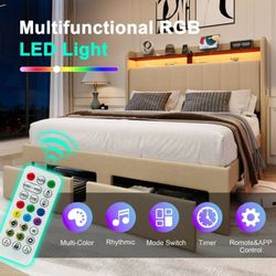 Queen Size Platform Bed Frame with 2-Tier LED Storage Fabric Wingback Headboard 