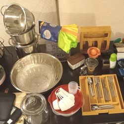 Kitchen STARTER SET Various Items Lightly Used Pots Pans Knives Plates Bowls Utensils Silverware