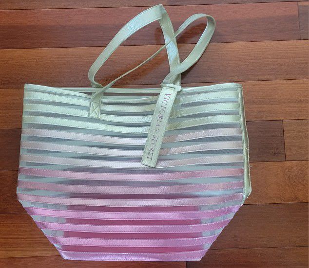 VICTORIA’S SECRET Gold & Pink (Mesh) Striped Tote Bag