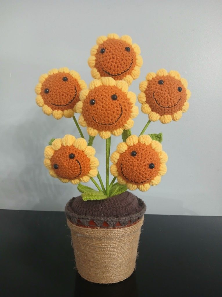 Crochet Smiley Sunflowers In Pot