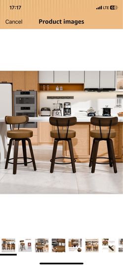 26'' Swivel Bar Stools Set of 3, Upholstered Faux Leather. Brown