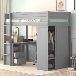 Wood Twin Size Loft Bed with Desk and Wardrobe, Built-in Desk with 2 Drawers, Big Wardrobe with Sliding Door and Clothes Hanger, New In Box