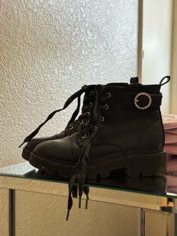 Girls Black Combat Boots with Rhinestone Detail – Size 1
