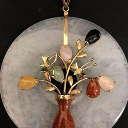 FREE SHIPPING! 14k Yellow Gold Jadeite Disk Multi Gemstone Floral Bouquet Pendant Lot 210