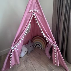 Pink Pom Pom Trim Teepee Tent Kids Play Tent
