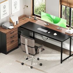 61" L Shaped Office Desk with Wood Drawers & Lockable File Cabinet, Reversible 21.7" D Corner Computer Desk with Built-in Power Outlets, Executive Des