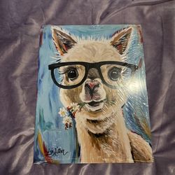 Cute Llama Metal Painting w Glasses & Flowers by Lee Keller 12x15in