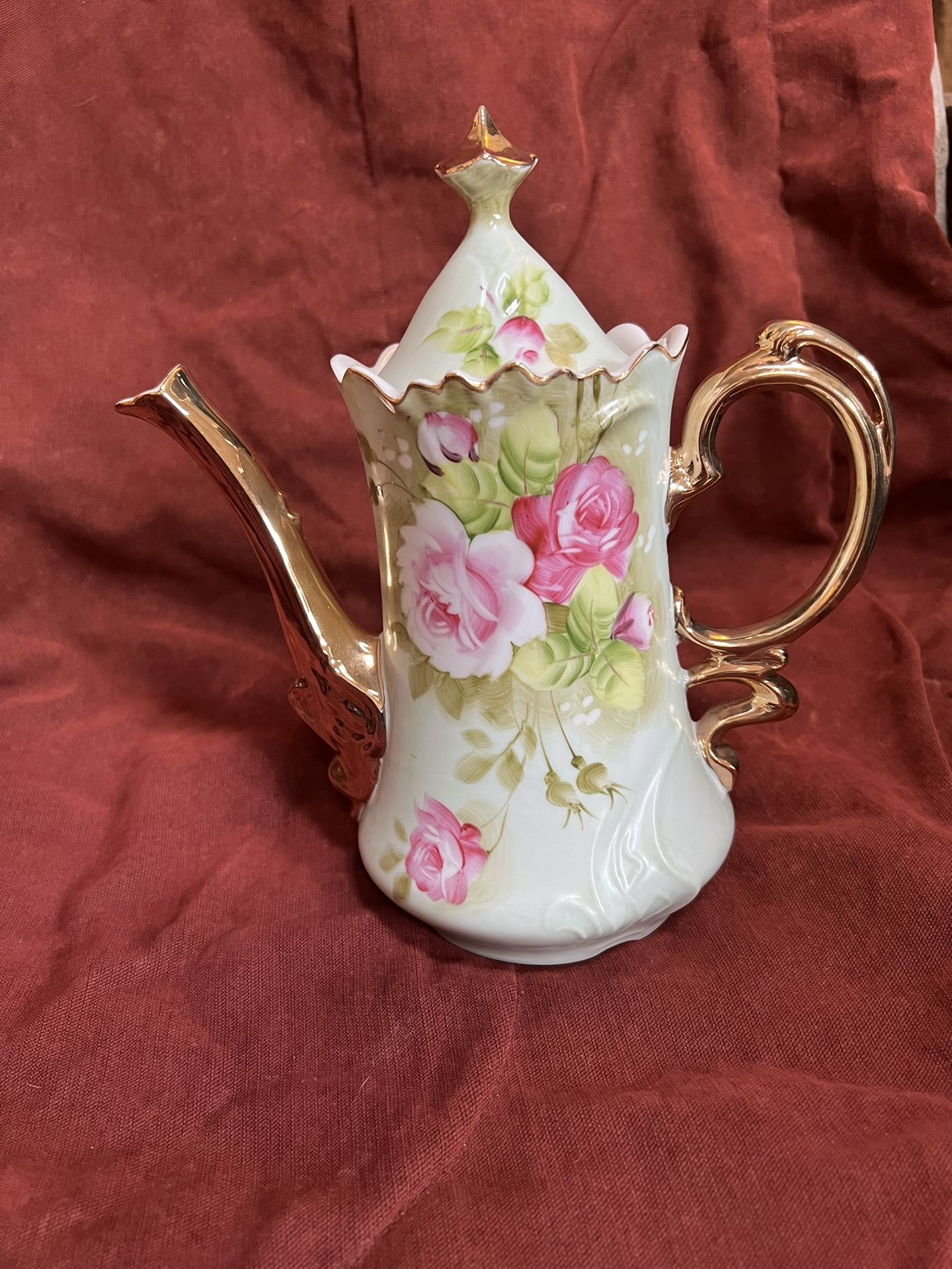 Lefton China Green heritage rose coffee / teapot & lid #3065