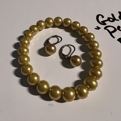 Gold Pearl Bracelet And Matching Earrings 