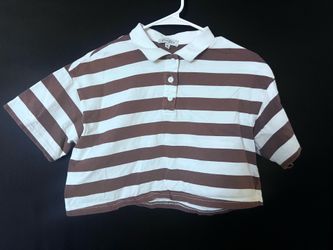 Striped Brown & White Juniors Crop Top Polo - Size Medium