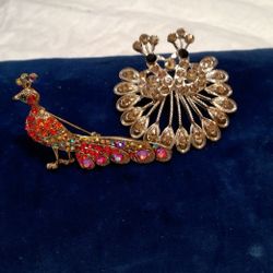 2 Peacock Broaches W/ Swarovski Crystals