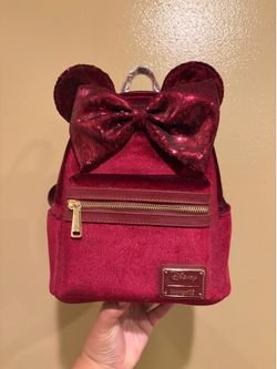 Loungefly Disney Velvet Minnie Mouse Sequin Bow & Ears Mini Backpack NWT