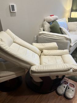 White Leather Recliner Chair with Ottoman