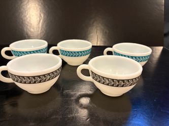 5 Vintage PYREX Milk Glass Coffee / Tea Cups Black and Blue Laurel Leaf  Excellent Condition.