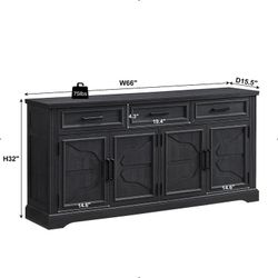 Farmhouse Sideboard Storage Cabinet with 3 Drawers & 4 Doors, 66'' Wide Buffet Cabinet for Dining Room, black