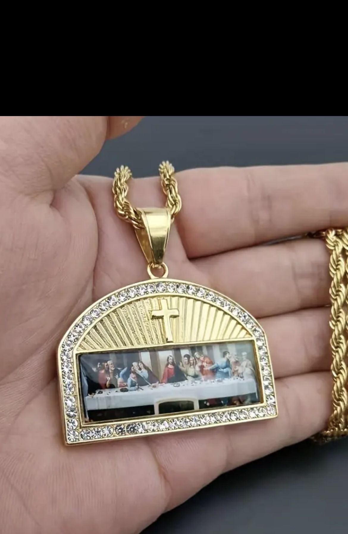Yellow Gold Plated And Stainless Steel Last Supper Man’s Necklace With Crystal 