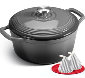 Overmont Refined Enameled Cast Iron Dutch Oven - 5.5QT Pot with Wide Handles Lid Cookbook & Cotton Potholders - Heavy-Duty Pre-Seasoned Cookware Oven 