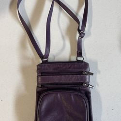 Purple Leather Purse; Crossbody long Strap or make into two Straps w/multiple pockets 
