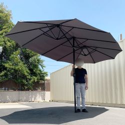 New in Box $95 Large 15 FT Double Sided Umbrella Outdoor Patio, Gray/Red color (Weight base not included)