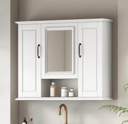 Newly Assembled 36x28 Inch Medicine Cabinet with Mirror, Wall-Mounted Wood Bathroom Storage Cabinet