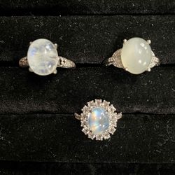 Three Moonstone Rings Set In Sterling Silver – Priced Separately