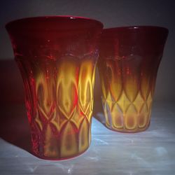 Vintage Cadmium Amberina Ruby Red Noritake Diamond Perspective Old Fashioned Glass Tumblers 