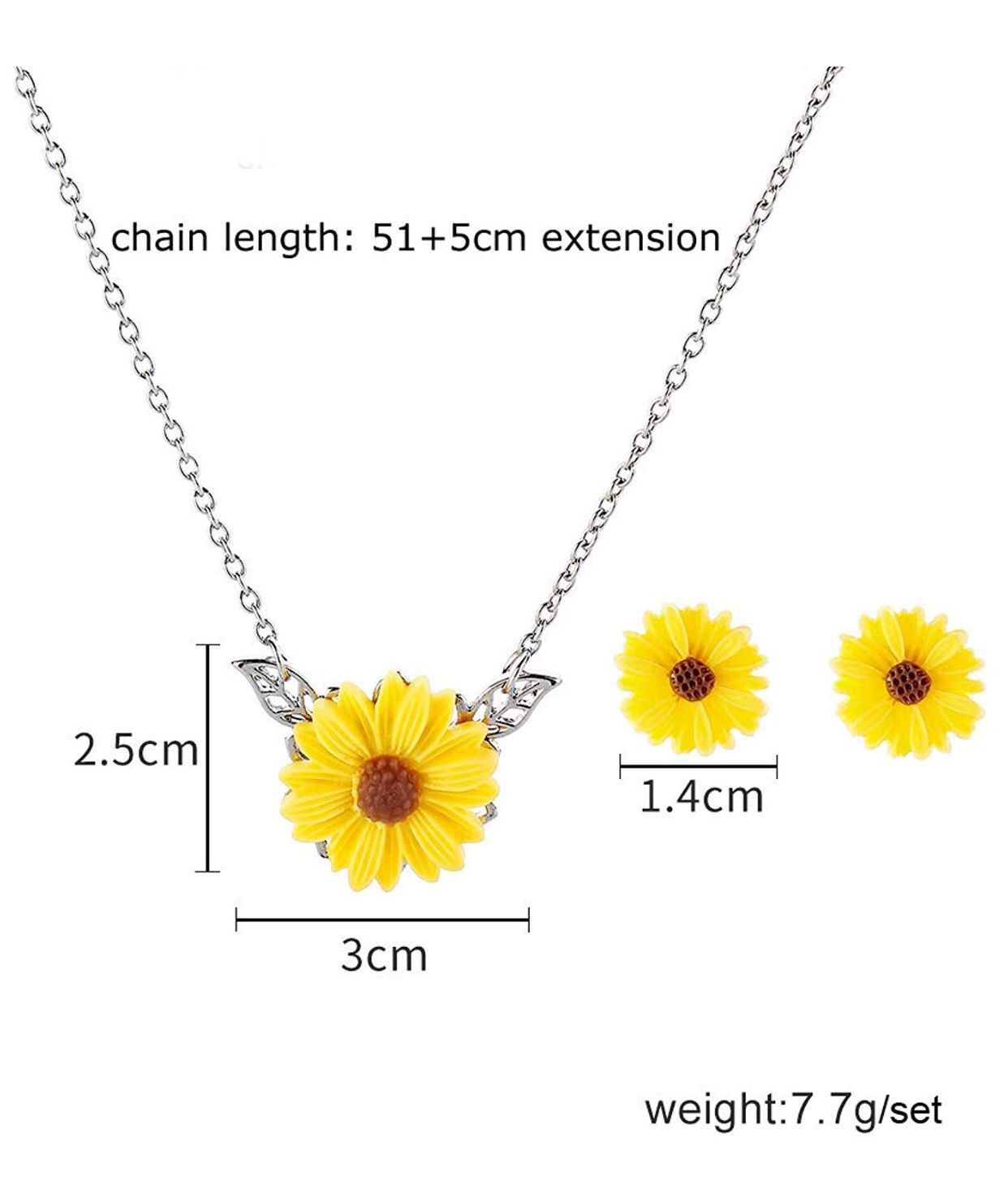 🌸 Sunshine Sunflower Necklace and Earring Set Silver/Gold Cabochon Glass Chain Necklace