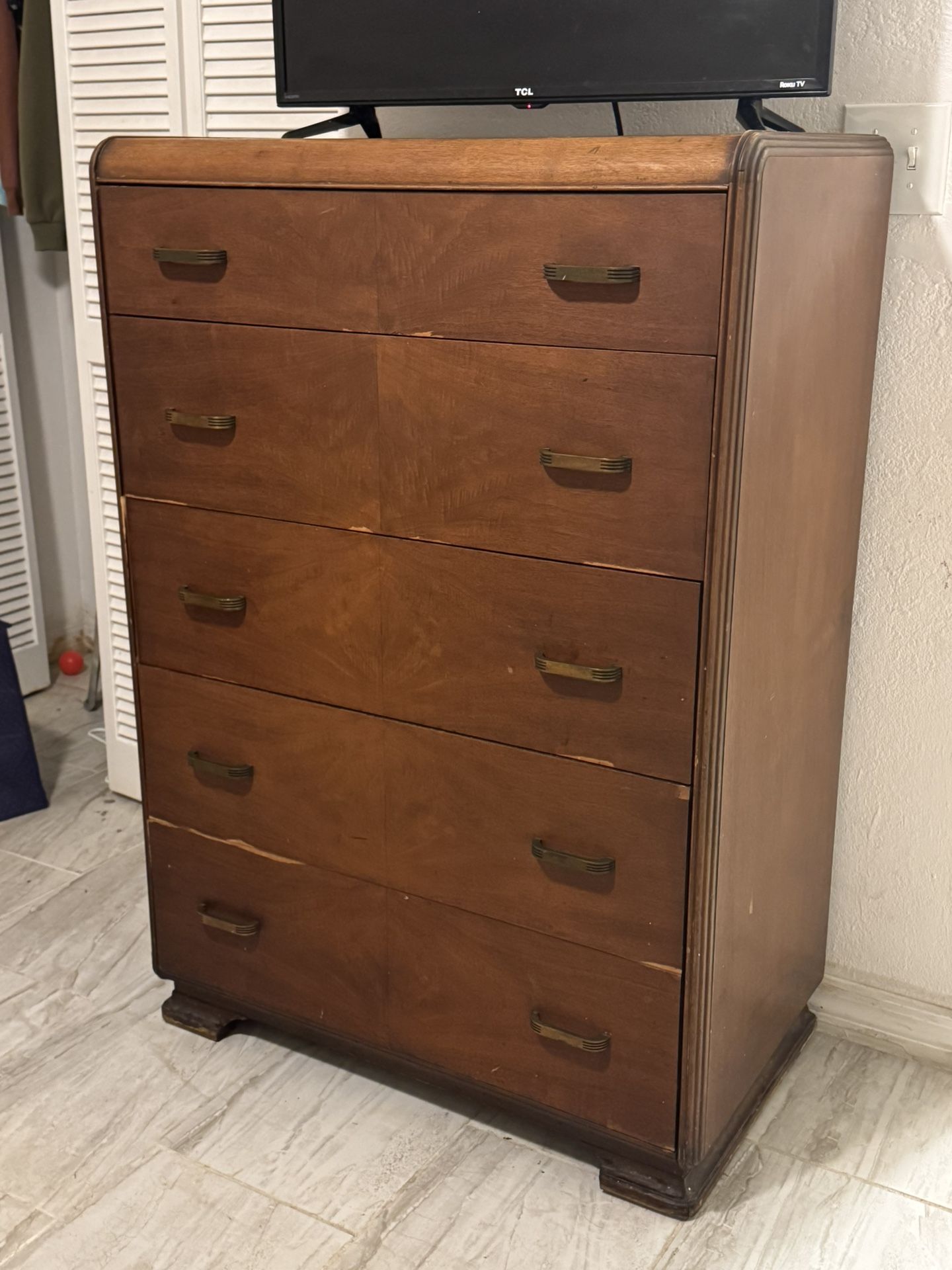 Vintage Art Deco Retro Walnut and Mohogany Burl Wood Dresser Dovetailed Drawers