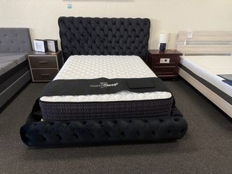 Queen Black Tufted Velvet Upholstered Bed Frame