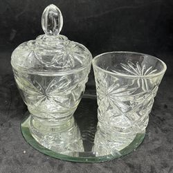 VINTAGE EAPC ANCHOR HOCKING STAR OF DAVID SUGAR W/LID AND JUICE GLASS 5 1/2 " 