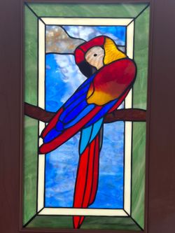 Tiffany-style stained glass panel featuring macaw, 22" x 12"