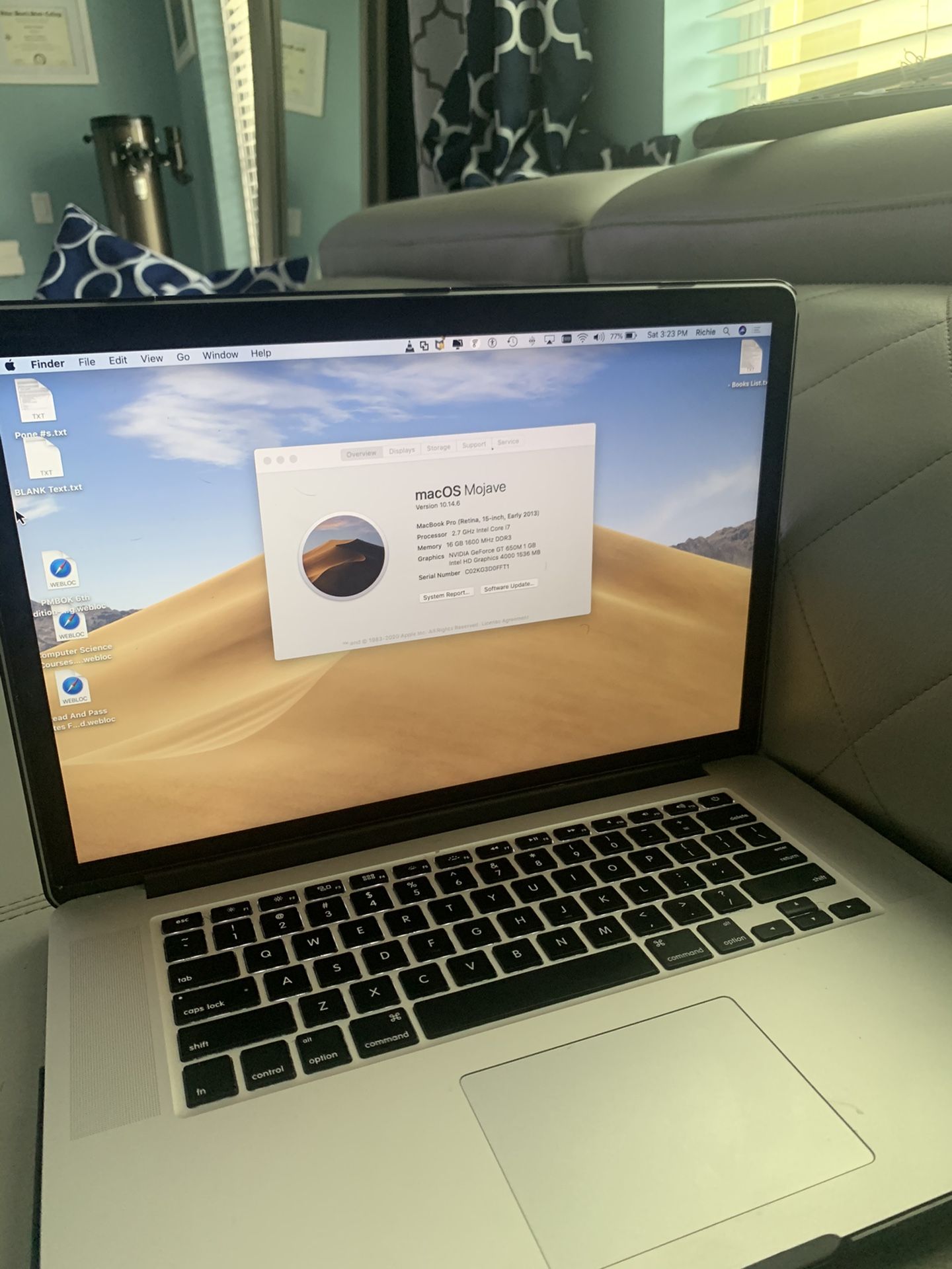 2013 MacBook Pro 15” i7,16gb ram, 512 SSD, retina.