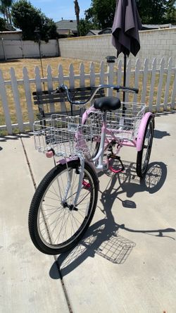 Adult PinkTricycle Viribus-7 Speed Hand Brakes Durable Foot Pedals w adjustable straps removable rear basket rechargeable front/rear lights