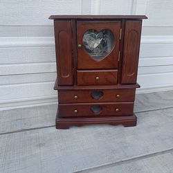 Vintage Wood Jewelry Box Mini Armoire With Floral & Heart Glass Accents