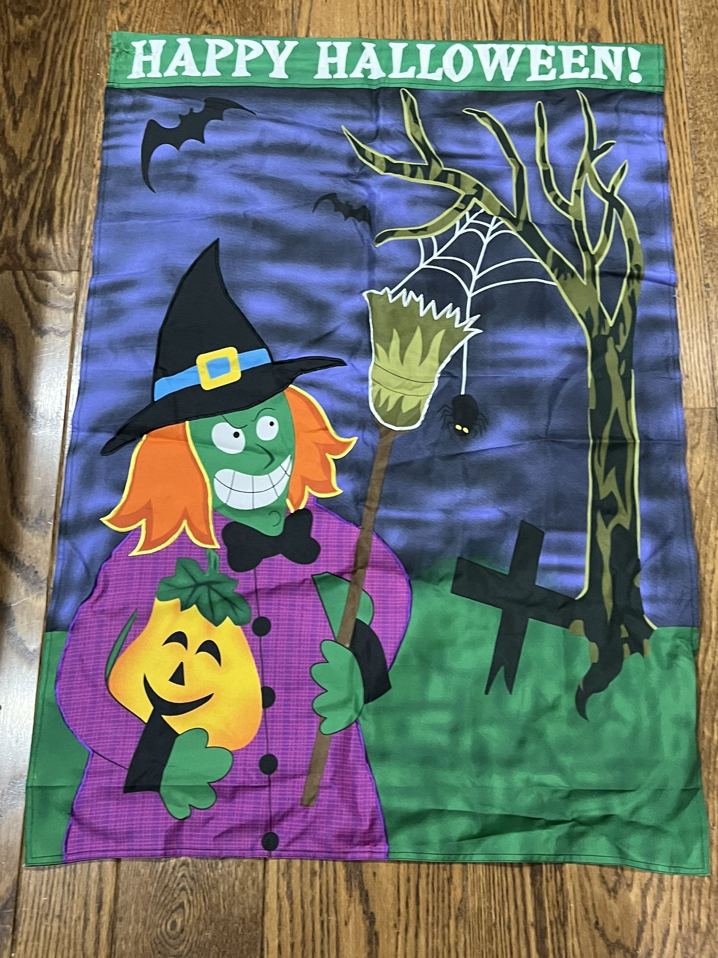 Vintage Halloween Yard Flag - Mean Witch And Wicked Spider 