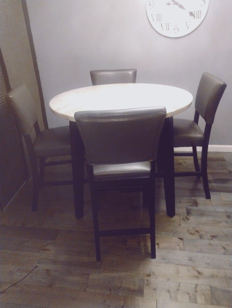 Granite Table Top With Espresso Wood With 4 Gray Chairs