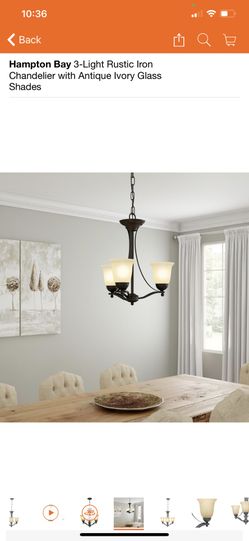 Hampton Bay 3-Light Rustic Iron Chandelier with Antique Ivory Glass Shades
