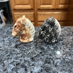 Ceramic Vintage Mid-Century’s 1950’s Horse Heads pair of salt and pepper shakers.  No stoppers.  Size 2 1/4 inches tall.  Preowned used normal wear.  