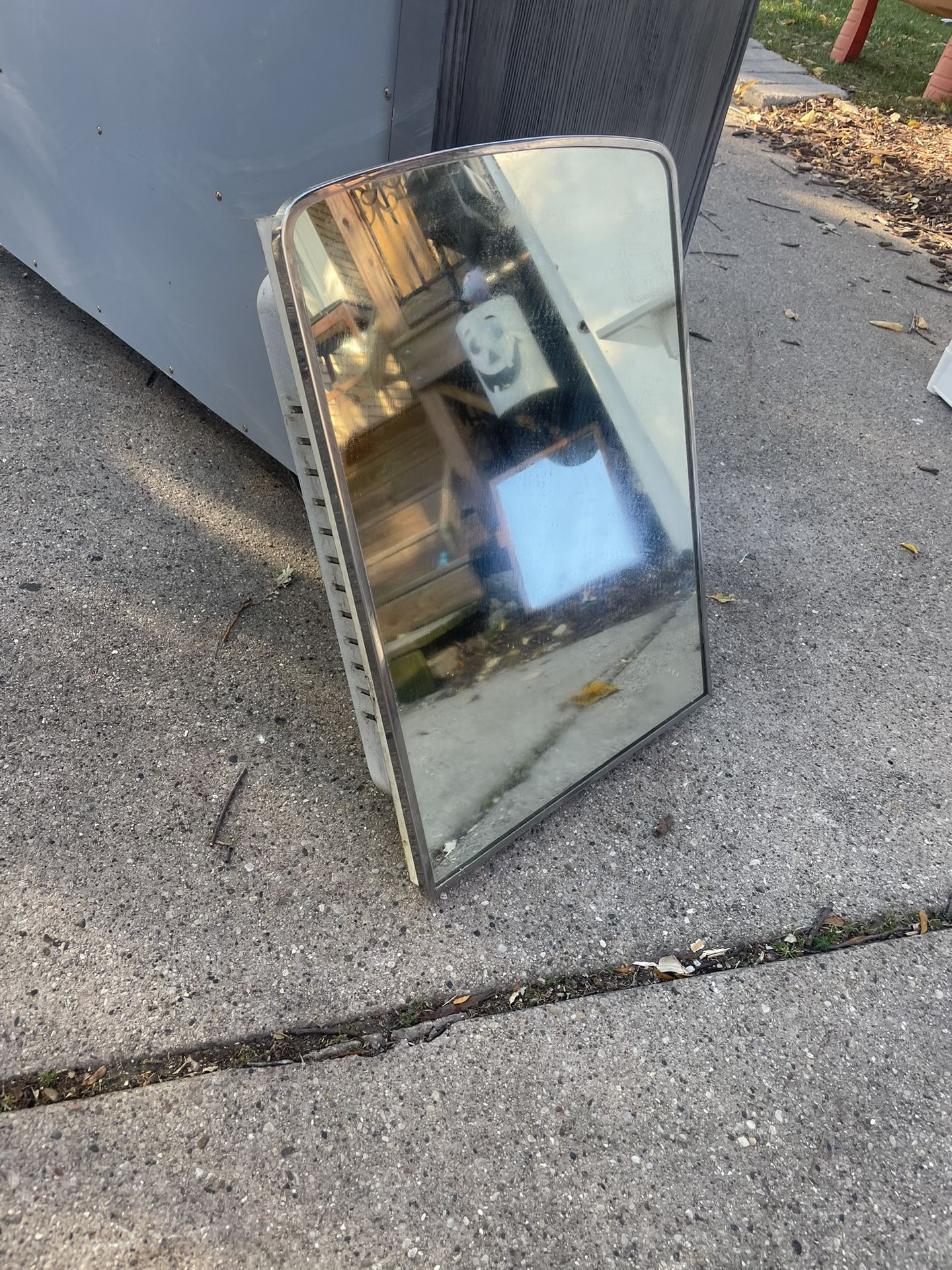 Vintage Bathroom Vanity Mirror Cabinet, 16 wide, 22 high, metal frame, glass shelves, $10