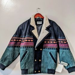 Vintage 90s Tuskany style bomber suede leather ethnic Aztec boho jacket sherpa 