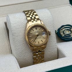 1976 Rolex Datejust 26mm 18k yellow gold jubilee bracelet fluted bezel champagne tapestry dial 6916 watch box tag booklets appraisal