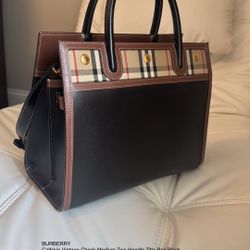 BURBERRY Calfskin Vintage Check Medium Two Handle Title Bag Black