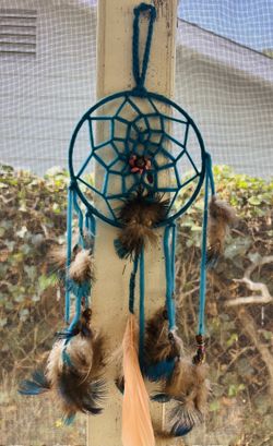 Handmade Boho Dreamcatcher – Turquoise Yarn with Feathers & Beads