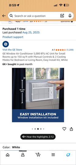 GE Window Air Conditioner 5,000 BTU AC Unit for Small Rooms up to 150 sq ft with Manual Controls & 2 Cooling Modes for Bedroom or Living Room